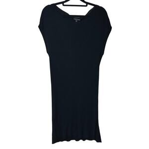 Eileen Fisher Dress Ribbed Knit Mini Sheath Short Sleeve Stretch Neutral Black M